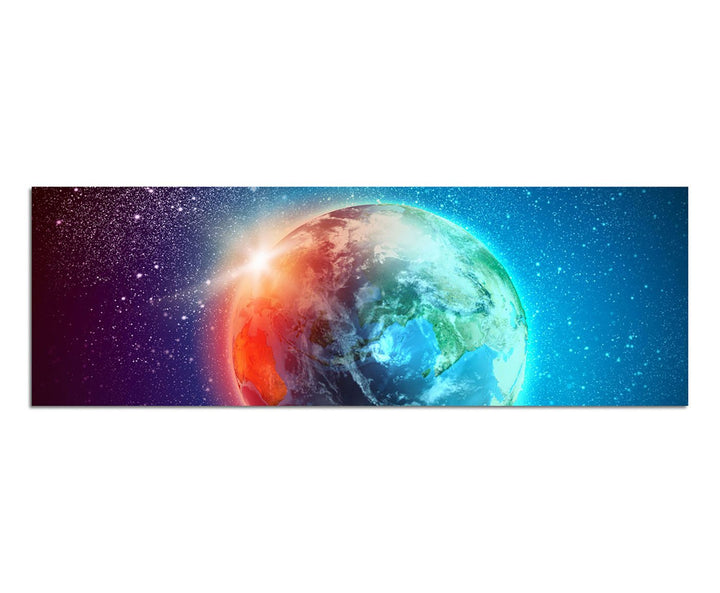 Paul Sinus Art Panoramabild auf Leinwand und Keilrahmen 150x50cm Weltraum Erde Sterne Sonnenaufgang