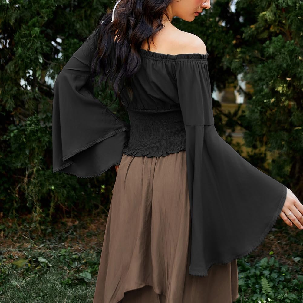 SCARLET DARKNESS Damen Renaissance Trachtenbluse Schulterfrei Gesmokte Mittelalter Shirt S Schwarz,