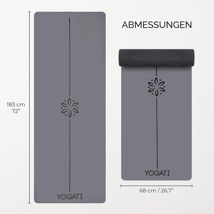 YOGATI® Yogamatte rutschfest Naturkautschuk mit Tasche - Yoga Matte gross mit Markierung, Sportmatte