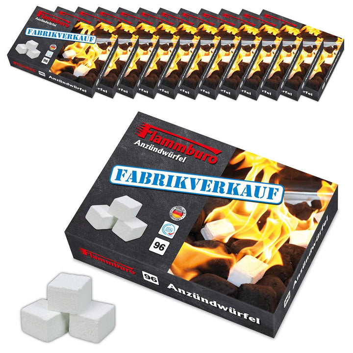 FLAMMBURO 1152 Stück Anzündwürfel Paraffin (12 x 96 Würfel) vom Deutschen Hersteller, Grillanzünder,