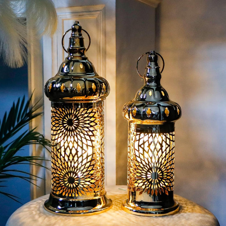 TRIROCKS Ramadan Laternen, 2er-Set 32 cm & 25 cm grosse goldene elektrische Kerzenhalter mit Timer,