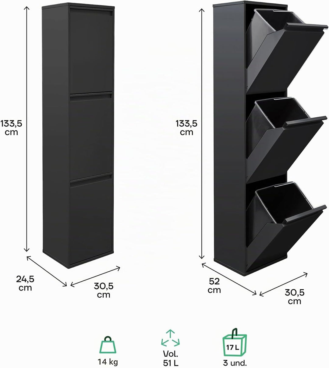 ARREGUI Basic CR306-B Mülltrennsystem aus Stahl | 3 Fächer Mülleimer für die Küche | 3 Fach Abfallei