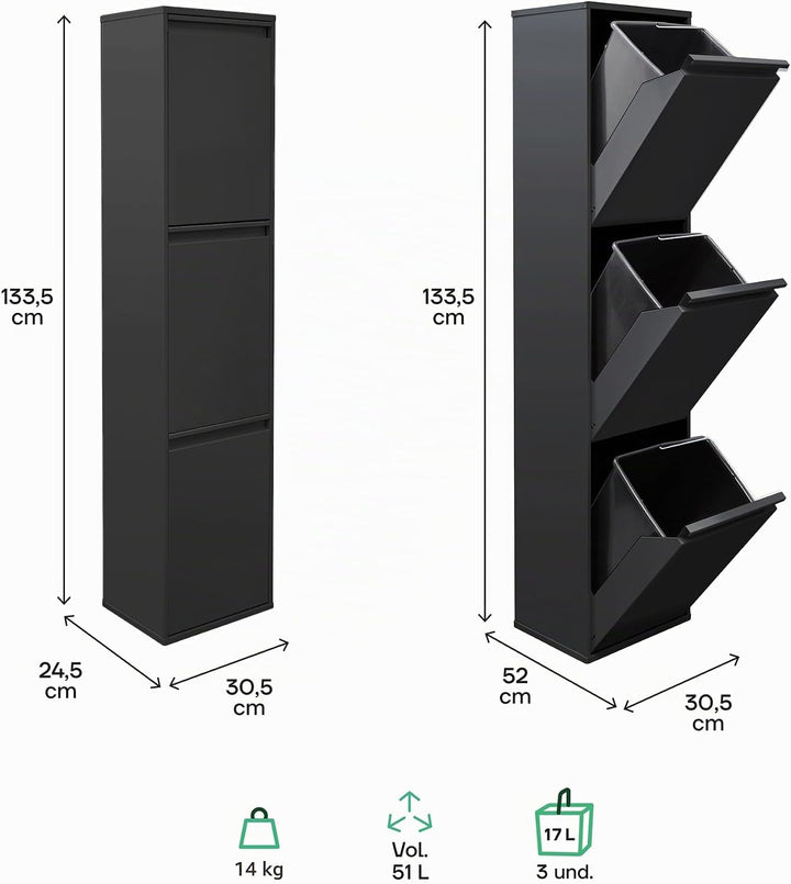 ARREGUI Basic CR306-B Mülltrennsystem aus Stahl | 3 Fächer Mülleimer für die Küche | 3 Fach Abfallei