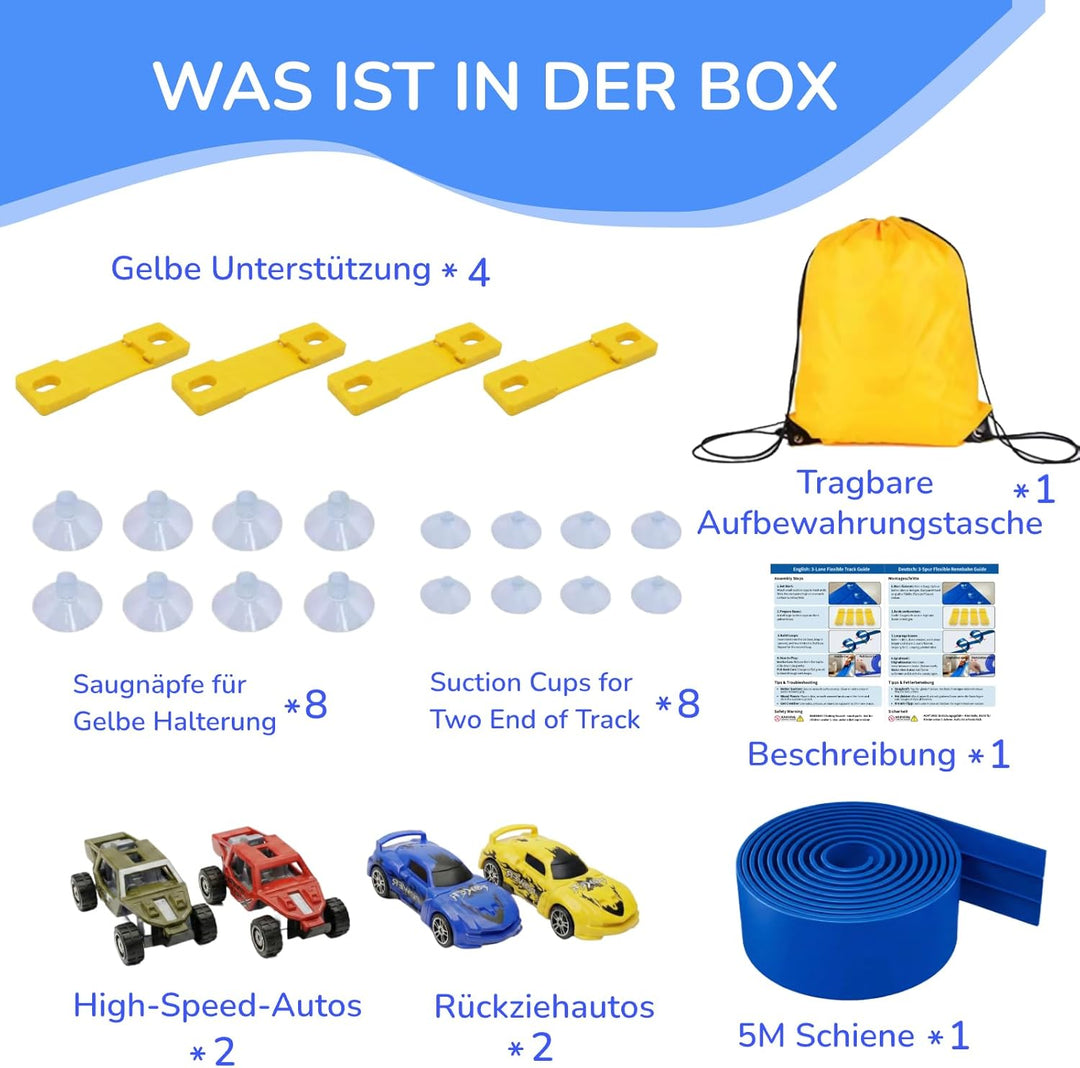 3-Spur Flexible Autorennbahn Set mit 2 Loopings (5M), Rennbahn mit Autos & Tragtasche, Schwerkraft &