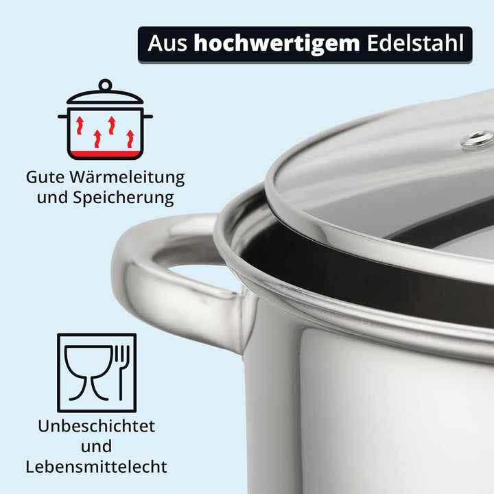 KHG Topf Kochtopf 26 cm, 10 Liter Induktion, Edelstahl unbeschichtet inkl. Glasdeckel | XXL Suppento