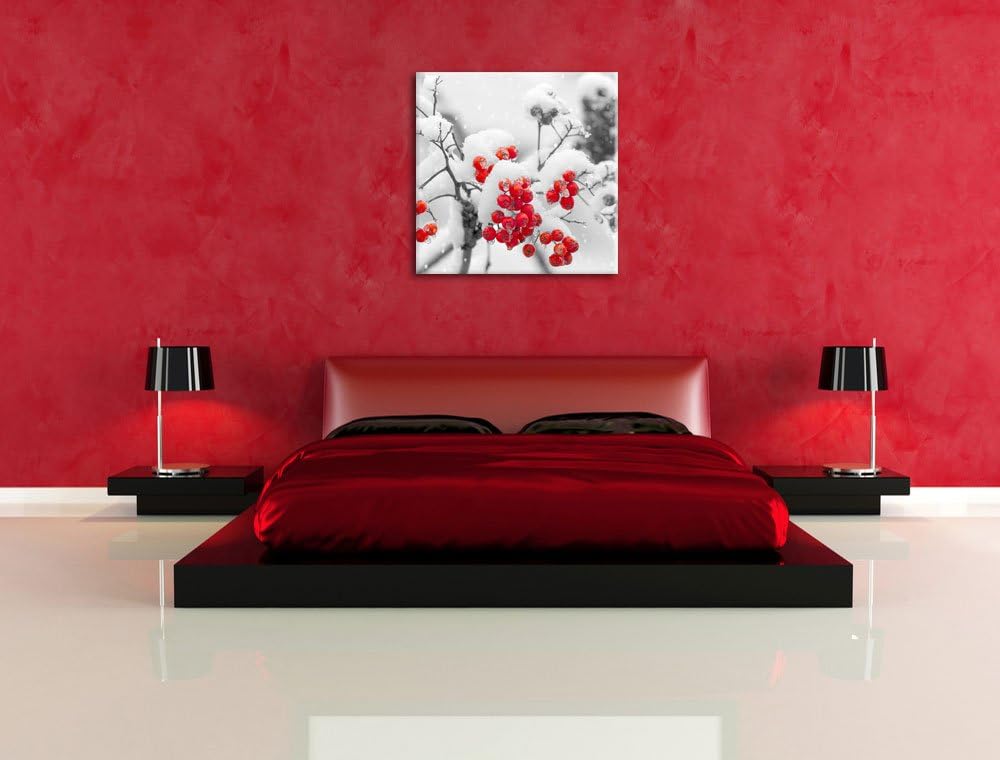 Pixxprint Rote Vogelbeeren im Winter als Leinwandbild Quadratisch/Grösse: 70x70 / Wandbild/Kunstdruc