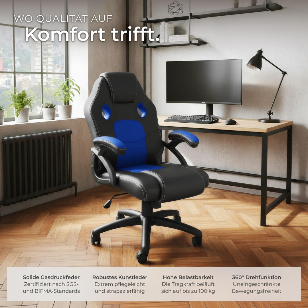 tectake® Racing Bürostuhl, Gaming Stuhl mit Wippfunktion, Chefsessel, Drehstuhl mit Rollen, höhenver
