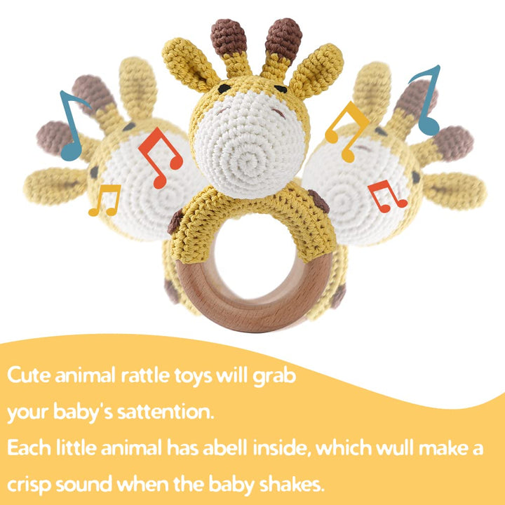 Youuys Babyrassel Gehäkelte Holz Häkeln Tiere Greifling Baby Holz Rassel Baby mit Sound Handmade Ras