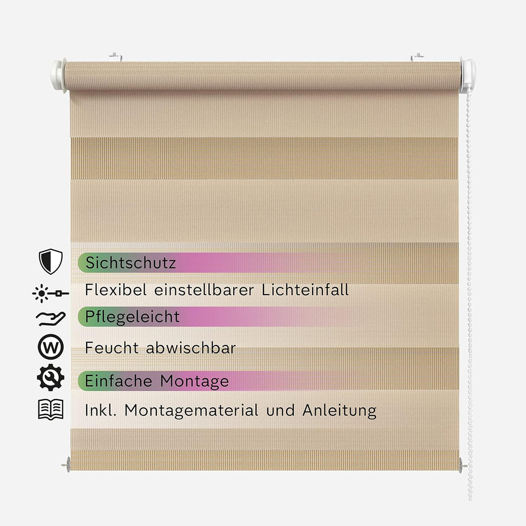 Rikmani Doppelrollo Fensterrollo ARD Duo-Rollo Klemmfixierung Zebrarollo Seitenzugrollo ohne Bohren,