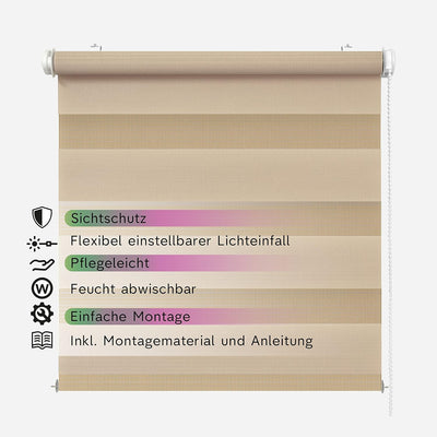 Rikmani Doppelrollo Fensterrollo ARD Duo-Rollo Klemmfixierung Zebrarollo Seitenzugrollo ohne Bohren,