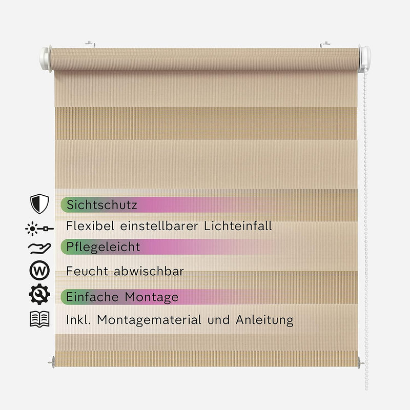 Rikmani Doppelrollo Fensterrollo ARD Duo-Rollo Klemmfixierung Zebrarollo Seitenzugrollo ohne Bohren,