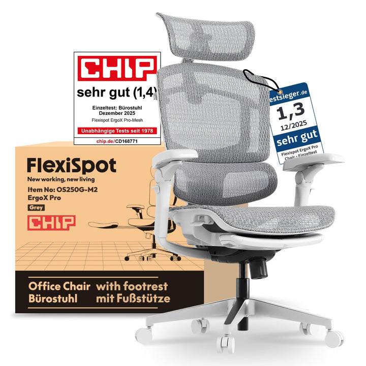 FLEXISPOT ErgoX Pro Ergonomischer Bürostuhl mit ausziehbarer Fussstütze, 12-stufiger Höhenverstellun
