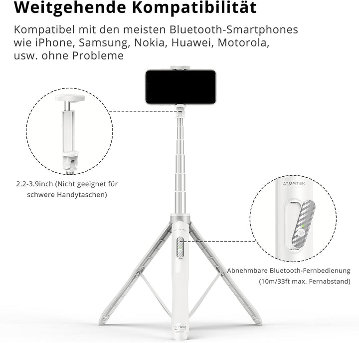 ATUMTEK Selfie-Stick mit 51 Zoll (51 Zoll), Selfie-Stick mit widerstandsfähigem Aluminium und rutsch