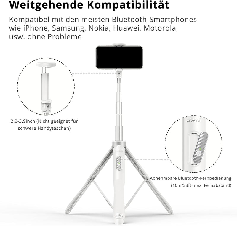 ATUMTEK Selfie-Stick mit 51 Zoll (51 Zoll), Selfie-Stick mit widerstandsfähigem Aluminium und rutsch