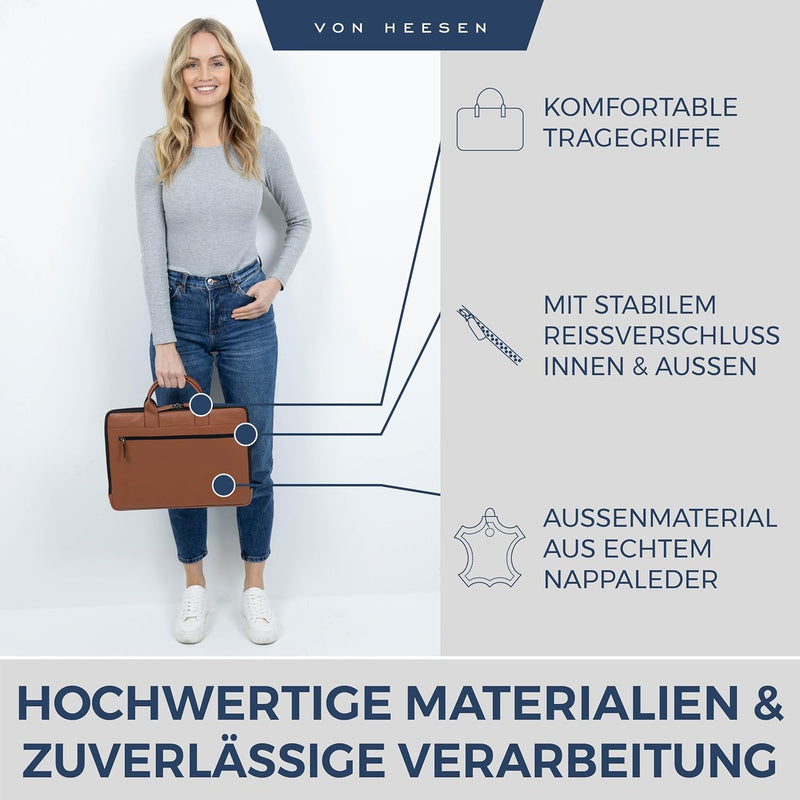 VON HEESEN Leder Aktentasche Laptoptasche bis 16 Zoll aus hochwertigem Nappa-Leder Cognac Braun, Cog