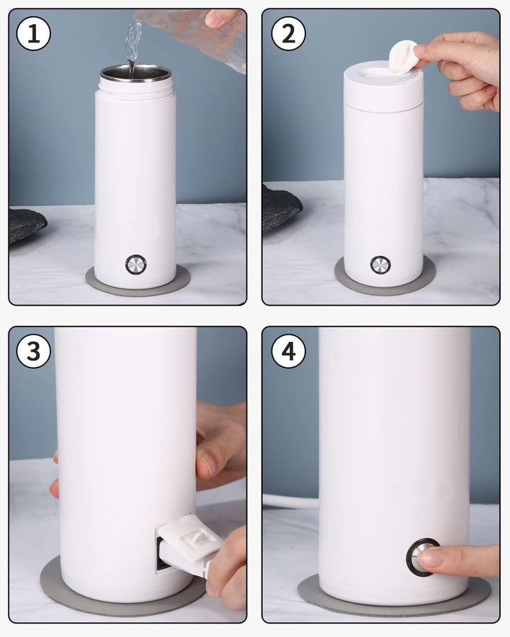Elektrischer Mini-Wasserkocher für unterwegs, 450 ml, tragbarer Edelstahl-Wasserkocher mit zwei Unte