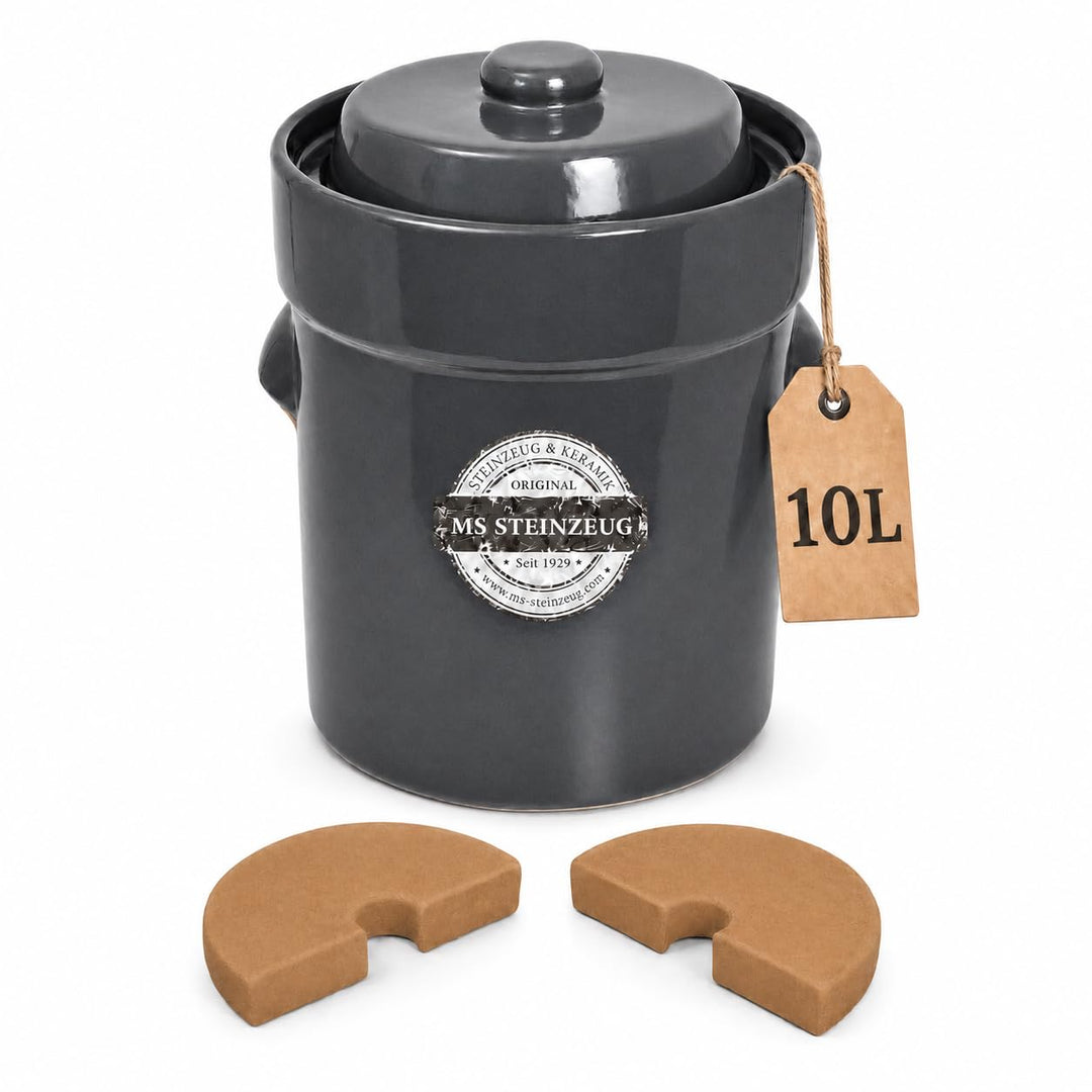 Gärtopf 10 L Steingrau + Beschwerungssteine | Gesund durch Fermentation mit Sauerkrauttopf | Einmach