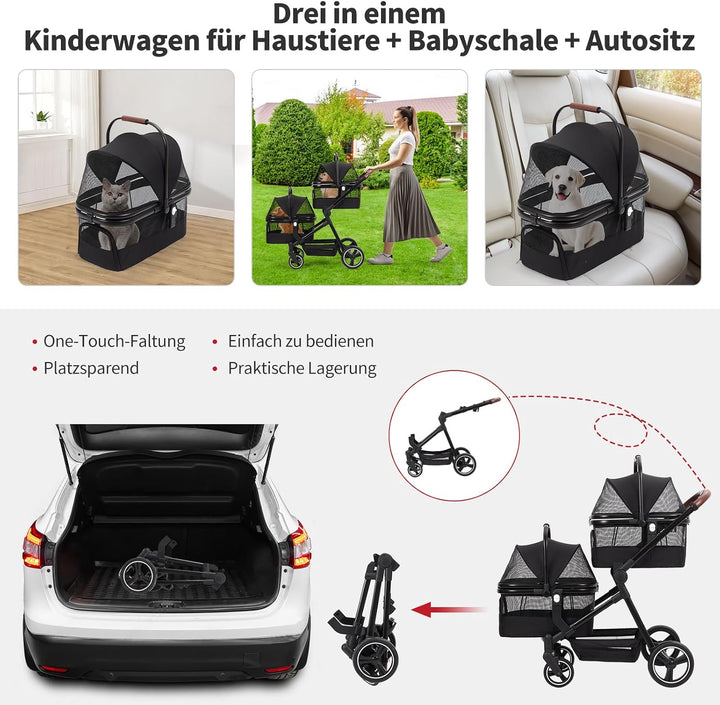 Hundewagen 3-In-1 Faltbar 22 kg Doppelstock Tiertransport | Abnehmbare Boxen, Schwenkräder, Sicherhe