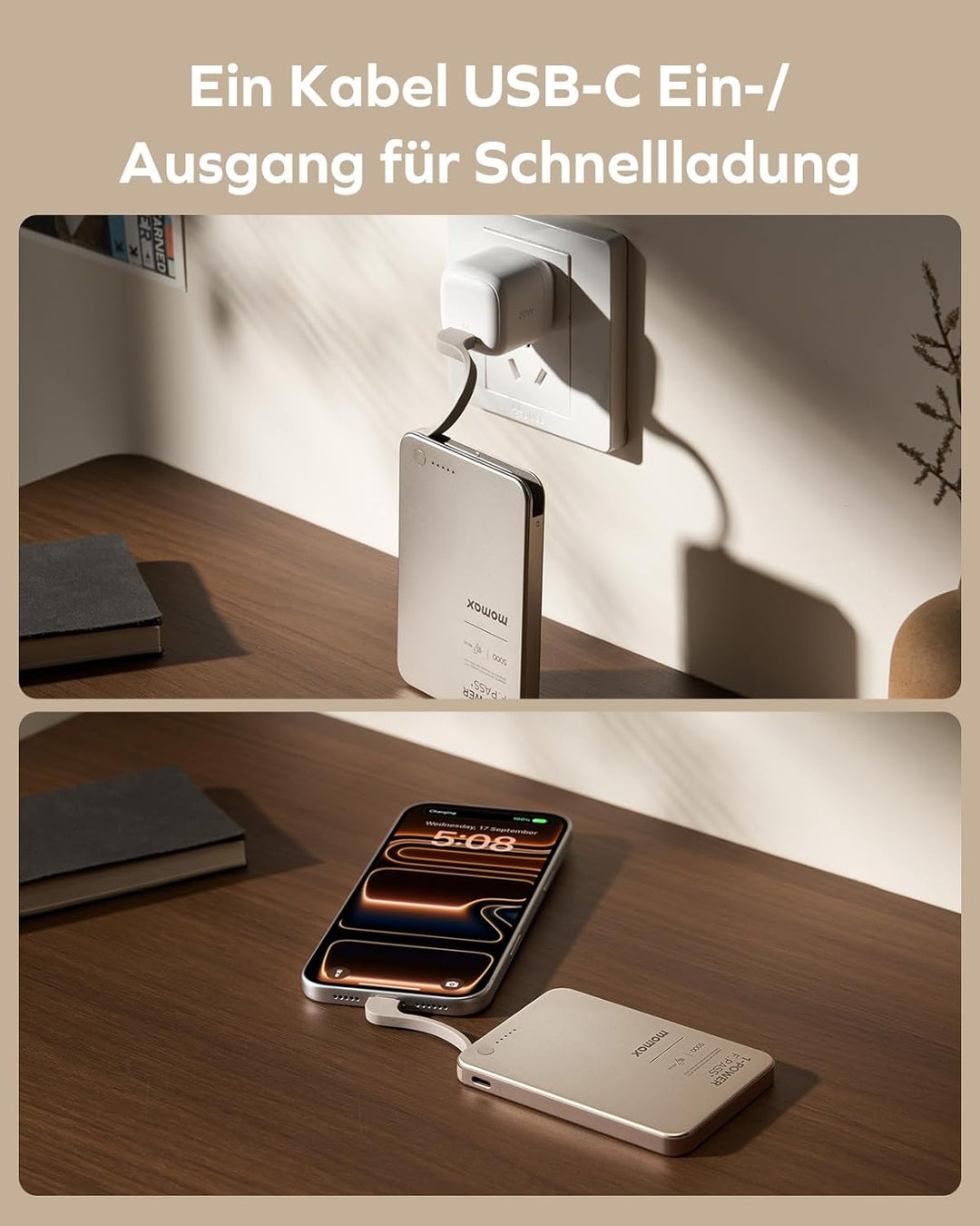 MOMAX Ultra-schlanke Powerbank 5000mAh mit Integriertem USB-C-Kabel, PD 20W Schnellladeakku für iPho