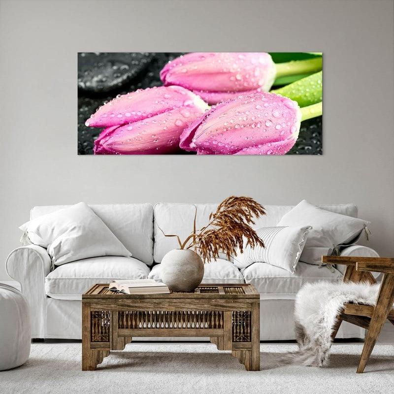 Wandbilder Dekoration Wohnzimmer Tulpen Tau Steine Pflanze Panorama Bilder auf Leinwand 120x50cm Lei