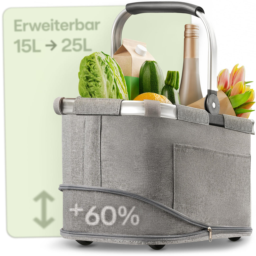 Praknu Einkaufskorb Faltbar Klein – 2 in 1 Erweiterbar 15L auf 25L – Abnehmbarer & Waschbarer Bezug