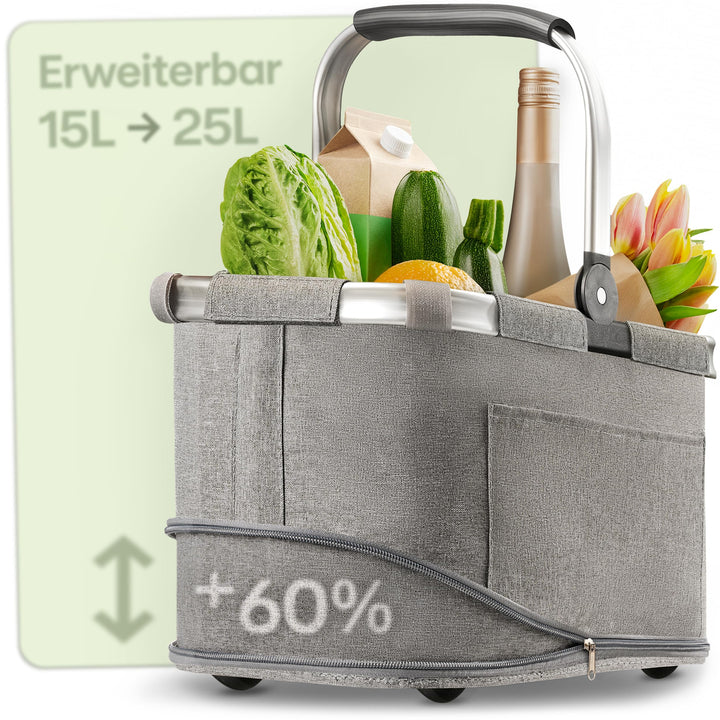 Praknu Einkaufskorb Faltbar Klein – 2 in 1 Erweiterbar 15L auf 25L – Abnehmbarer & Waschbarer Bezug