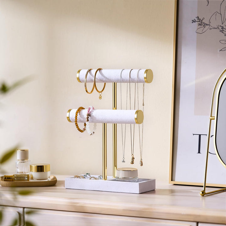 Schmuck Organizer mit 2 Ebenen - Weiss Schmuckständer Armbänder, Abnehmbarer T-Steg Schmuck Ständer,
