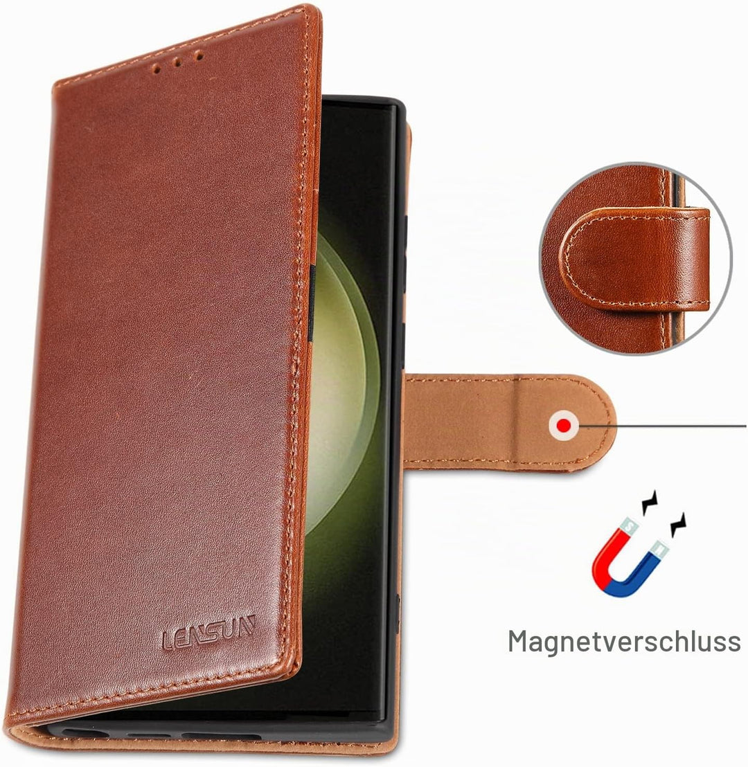LENSUN Lederhülle für Samsung Galaxy S23 Ultra, Echtleder Handyhülle [Echtes Leder] [Magnetverschlus