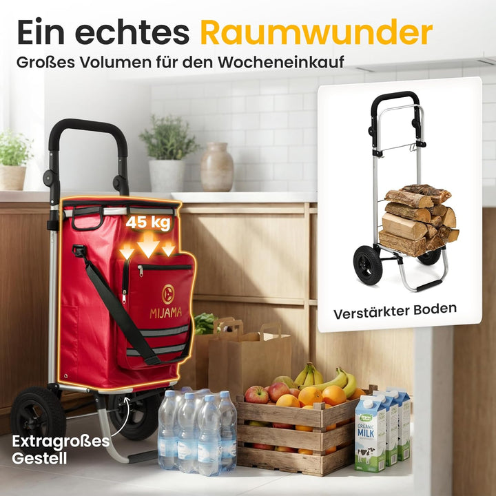 Einkaufstrolley klappbar mit Lufträdern 45 kg – Einkaufswagen faltbar wasserabweisend mit Kühlfach –