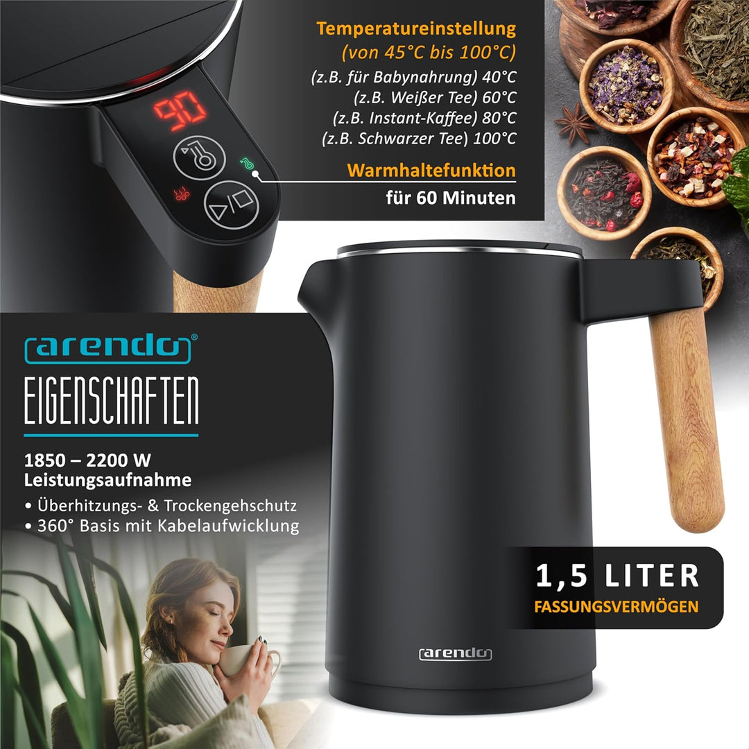 Arendo - Wasserkocher Toaster SET - Edelstahl - Wasserkocher mit Temrpatureinstellung - 45-100 Grad