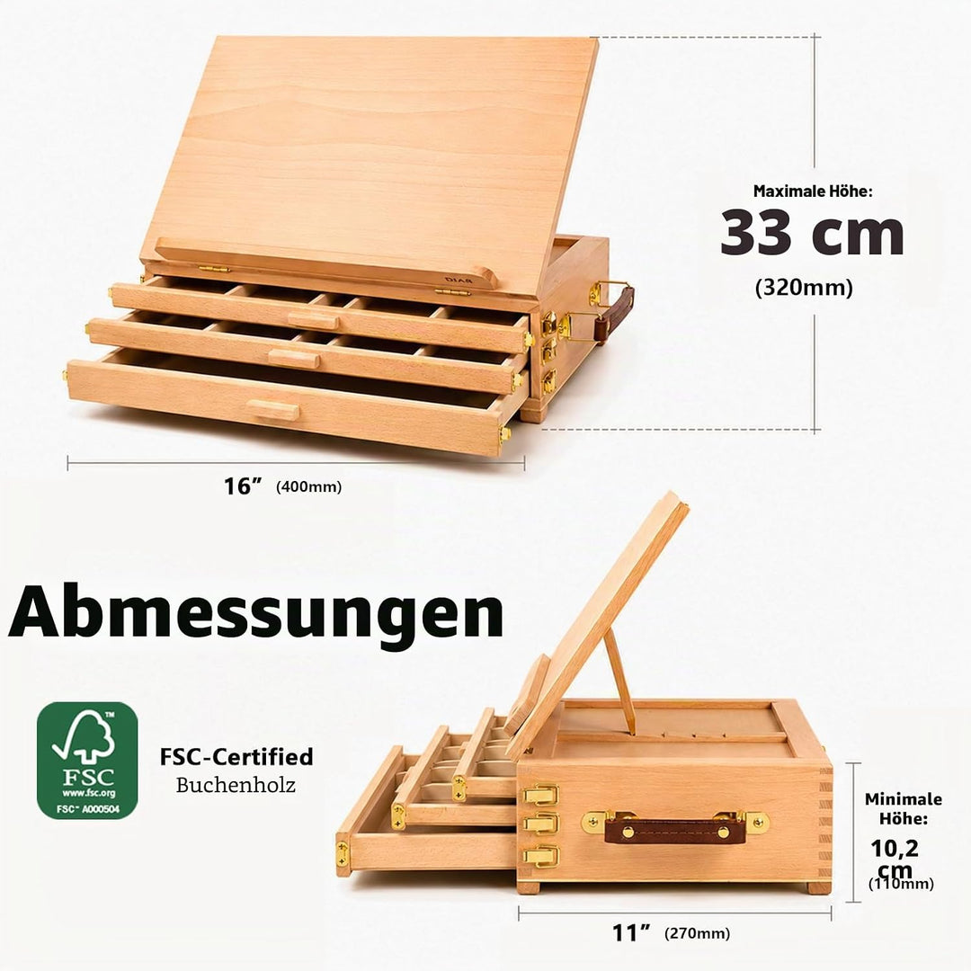 DJAR Tischstaffelei Holz mit 3 Schublade, Tisch-Skizzenbox aus Buchenholz, tragbare Künstler-Staffel