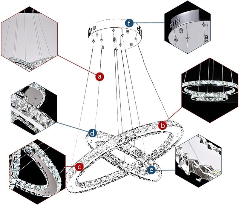 AufuN 96W Moderne Kristall LED 3 Ring Design, Kreative Kronleuchter Hängelampe für Schlafzimmer Wohn