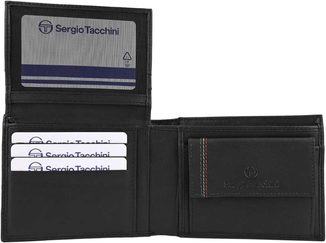 Sergio Tacchini Herren-Geldbörse aus echtem Leder, Schwarz, mit Kartenfach und Geschenkbox 11 x 9 x