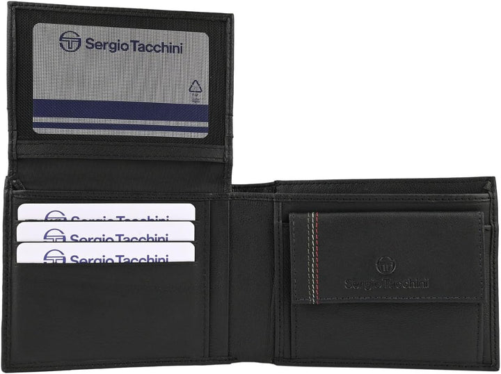 Sergio Tacchini Herren-Geldbörse aus echtem Leder, Schwarz, mit Kartenfach und Geschenkbox 11 x 9 x