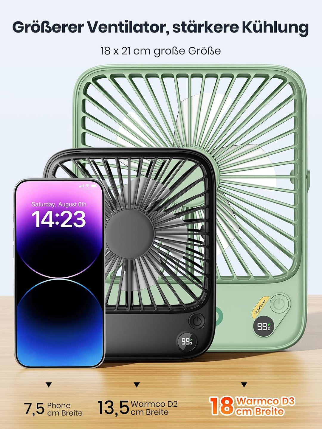 Warmco 10000mAh Tragbarer Ventilator 21 cm Hoch, Bis zu 24h Laufzeit, Ultra-dünn Leise Akku Tischven