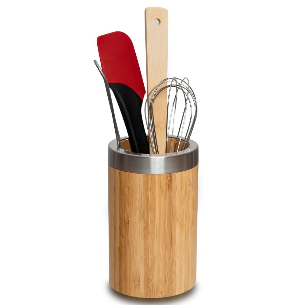 Westmark Utensilienhalter/Küchen-Organizer, rund, mit Edelstahlrand, Masse: ø10 x 16 cm, Bambus/Edel