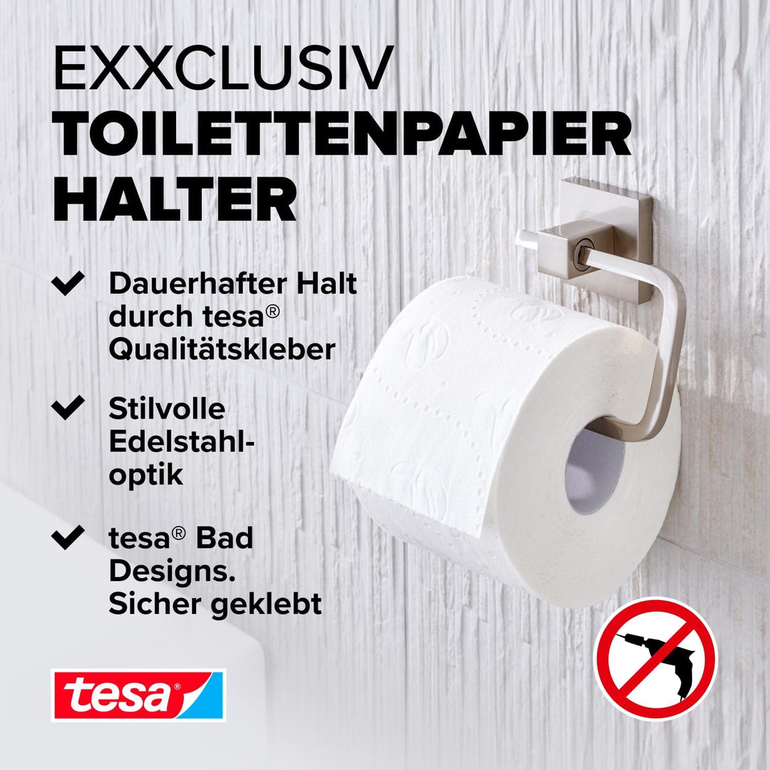 tesa EXXCLUSIV Toilettenpapierhalter ohne Deckel, verchromt - zur Wandbefestigung ohne Bohren, inkl.