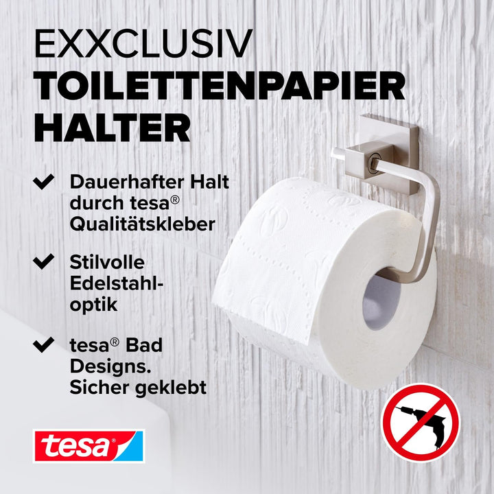 tesa EXXCLUSIV Toilettenpapierhalter ohne Deckel, verchromt - zur Wandbefestigung ohne Bohren, inkl.