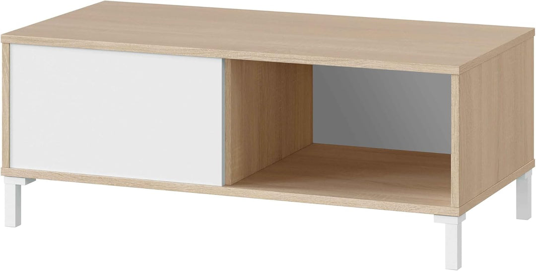 Wohnzimmer-Couchtisch mit einer Schublade und einem Tagesfach, Farbe Weiss und Eiche, 100 x 40 x 50