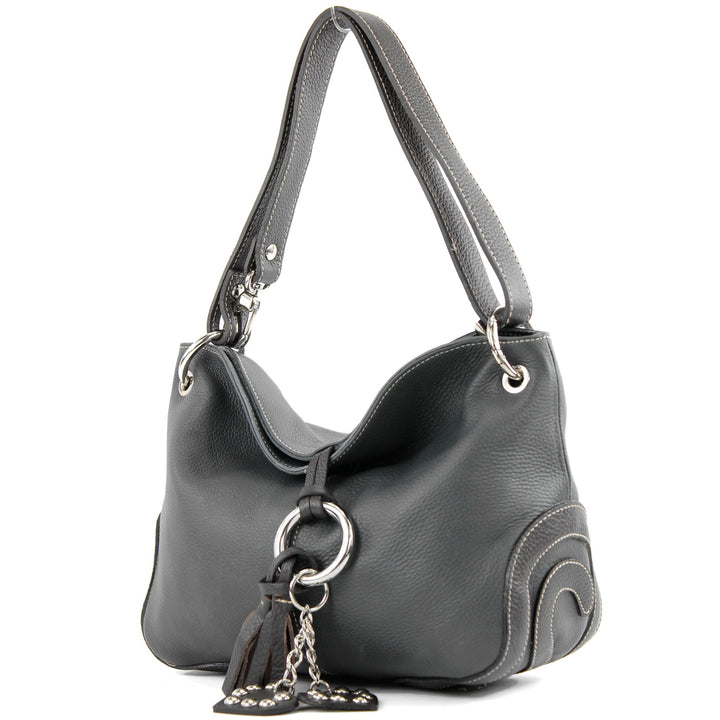 modamoda de - T10 - ital. Leder Schultertasche Umhängetasche Dunkelgrau/Dunkelbraun, Dunkelgrau/Dunk