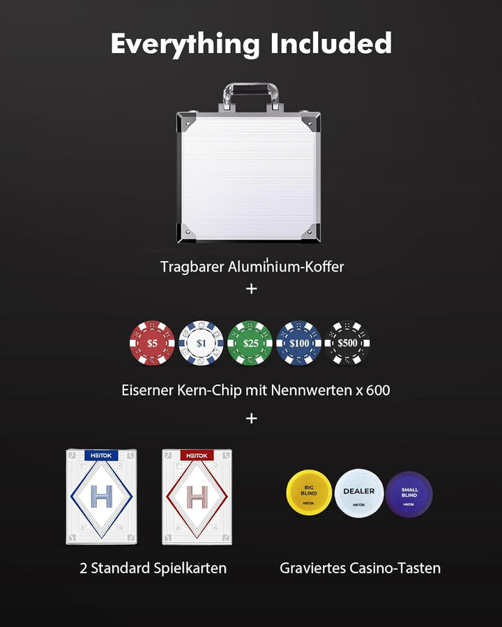 Pokerchips Set 600 Stück mit Zahlen, Aluminiumkoffer, 11,5g Eisenkern Chips, 2 Spielkarten, 5 Wertst