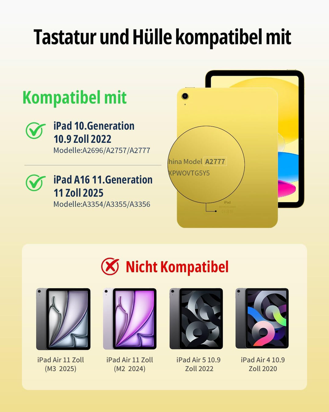 CACOE Drehbare Hülle mit Tastatur für iPad (A16) 11/10 Generation (11/10.9 Zoll) 2025/2022 mit Touch