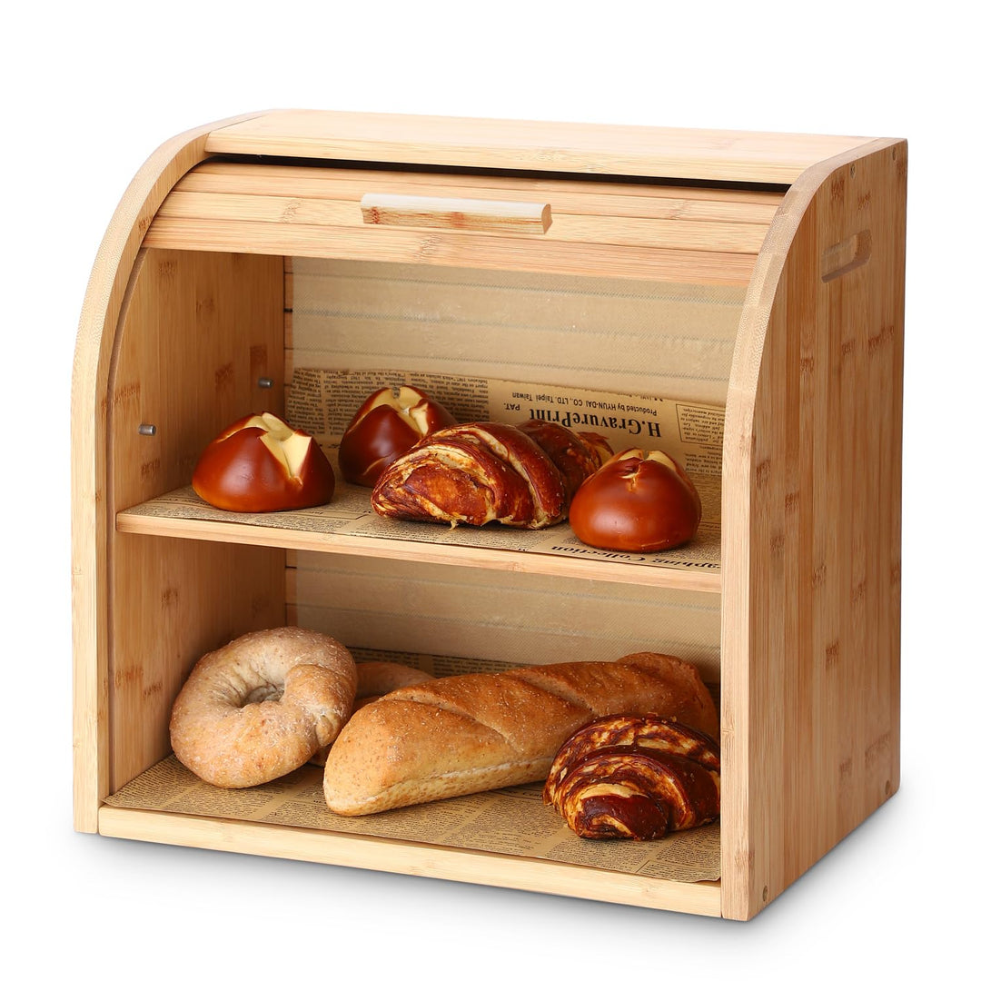 G.a HOMEFAVOR Bambus Brotkasten / Brotkorb mit Rolldeckel &amp; 2-Fächer - Herausnehmbare Abtrennung, Ei