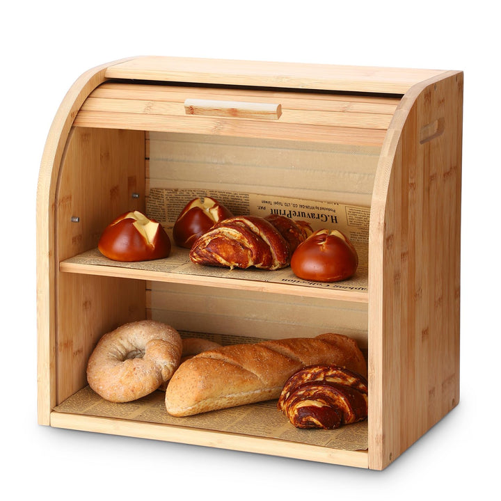 G.a HOMEFAVOR Bambus Brotkasten / Brotkorb mit Rolldeckel &amp; 2-Fächer - Herausnehmbare Abtrennung, Ei