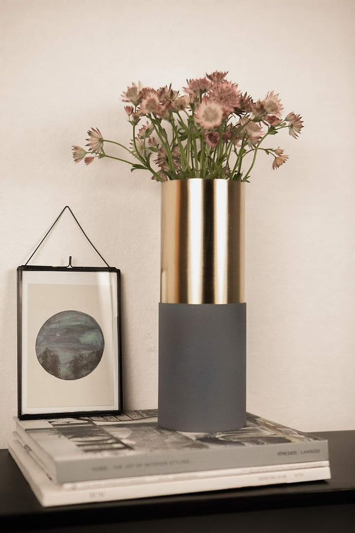 LaLe Living Vase ELYA in Rauchblau &amp; Gold H28 cm x Ø10 cm, grosse Blumenvase aus Eisen zwiefarbig
