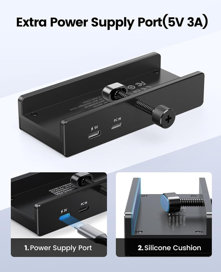 ORICO USB Hub, Aluminum USB 3.0 Hub Clip mit 5V Stromversorgungsanschluss, 5Gbps 4 Port USB Verteile