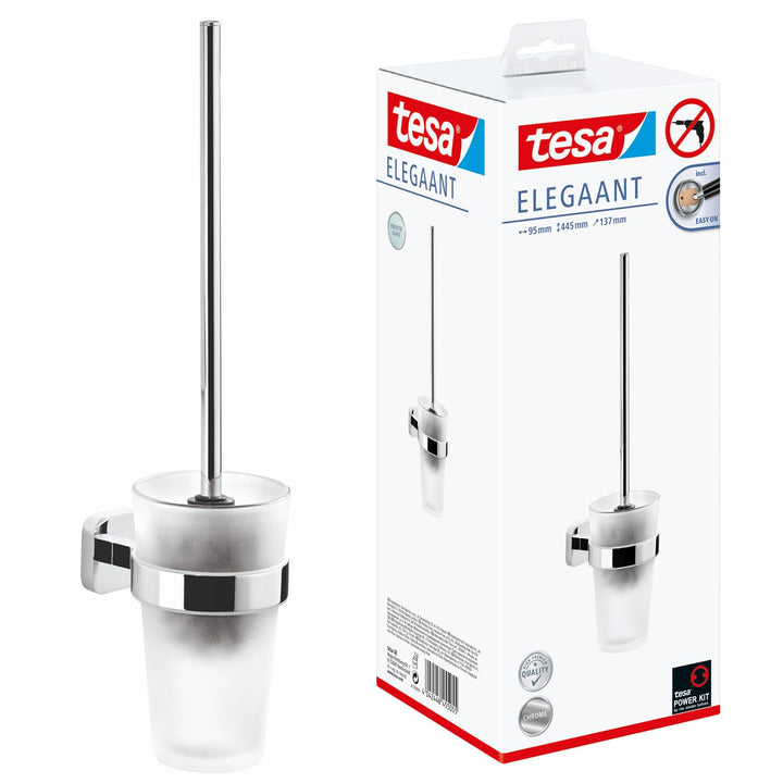 tesa ELEGAANT Toilettenbürsten-Set, verchromt, mit satiniertem Glas - zur Wandbefestigung ohne Bohre