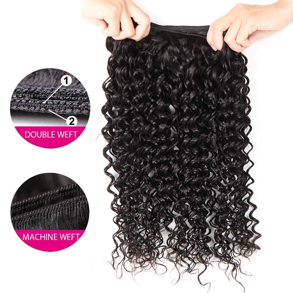 LOVFIR Echthaar-Bündel Curly Human Hair Bundles with Closure Kinky Weave Unprocessed Brazilian 3 4x4
