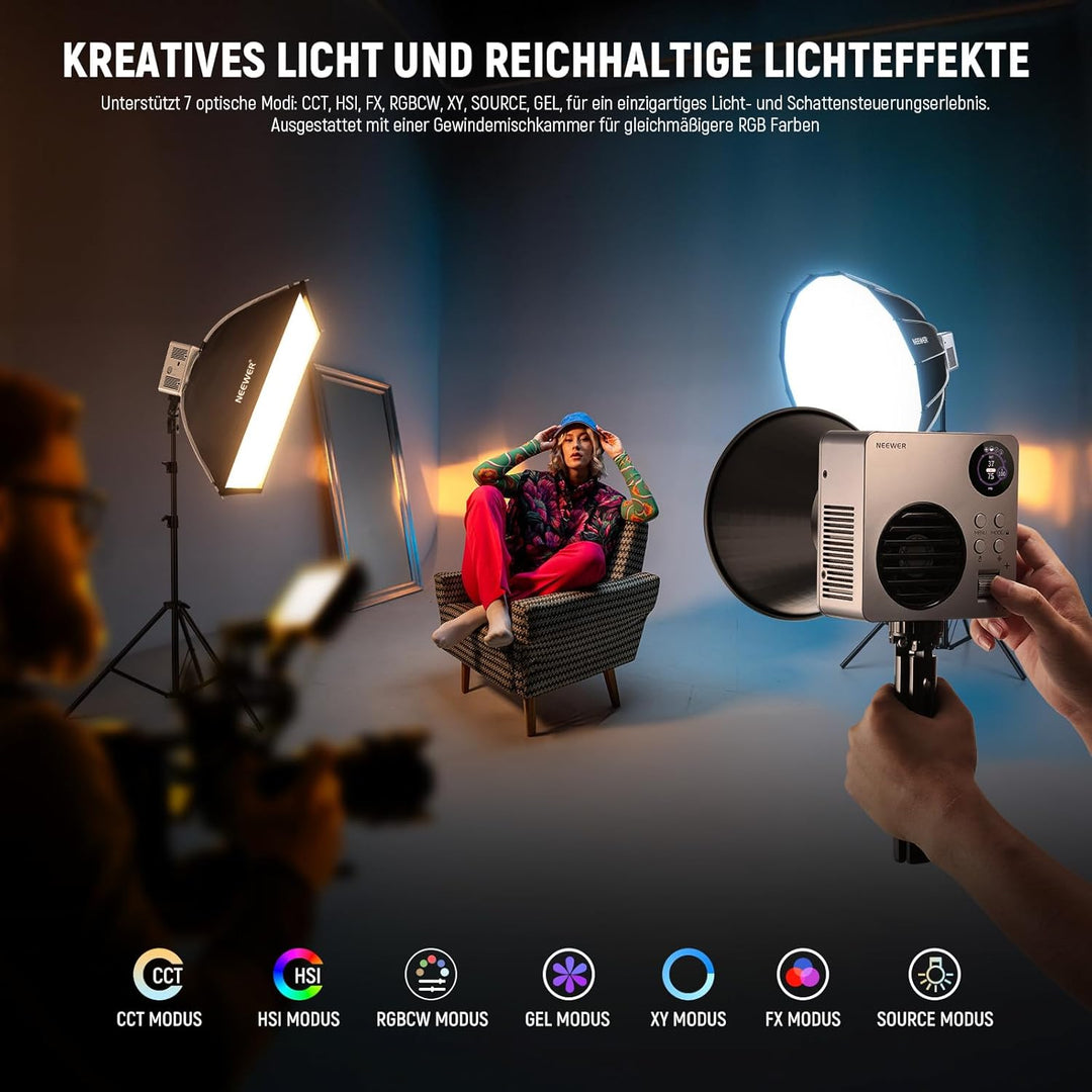 NEEWER 80W RGBWW LED Videoleuchte mit Reflektor und 72Wh Akku, APP/2,4G Steuerung 18 Effekte 10400lu