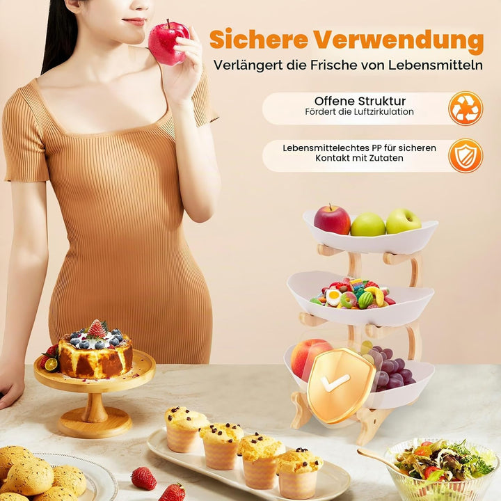 Keramik Obst Etagere mit 3 Etagen,Obstkorb Etagere für die Familie,Obstschale Modern mit Natürlichem